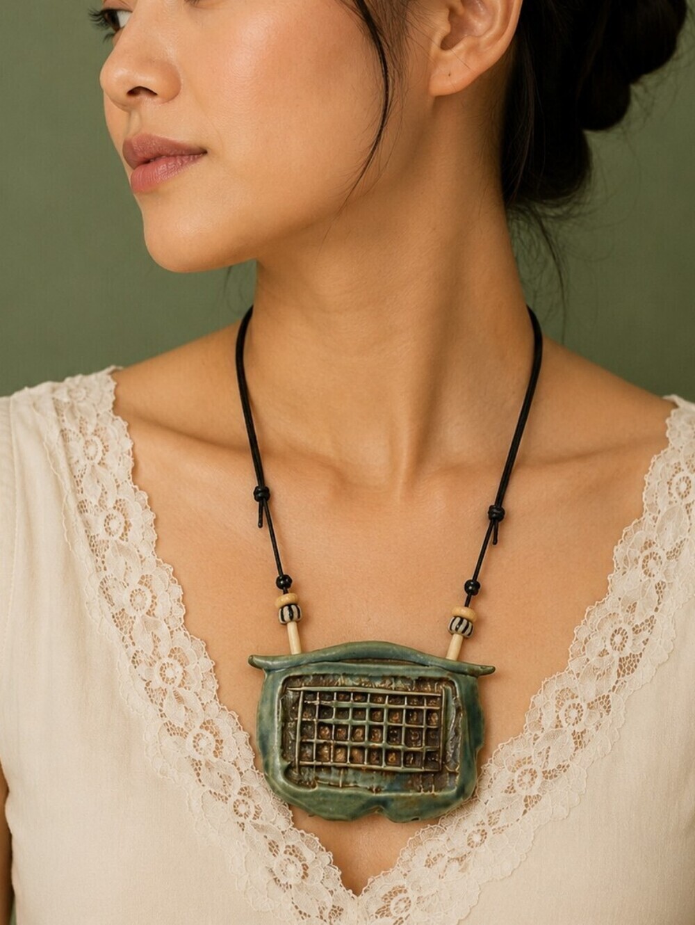 Vtg ARTISAN Unique Ethnic Asian Ceramic Statement Pendant Rope Necklace
